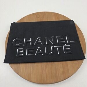 Chanel Beaute Black Canvas Makeup Bag Zipper Logo Cosmetic Pouch Travel Case
